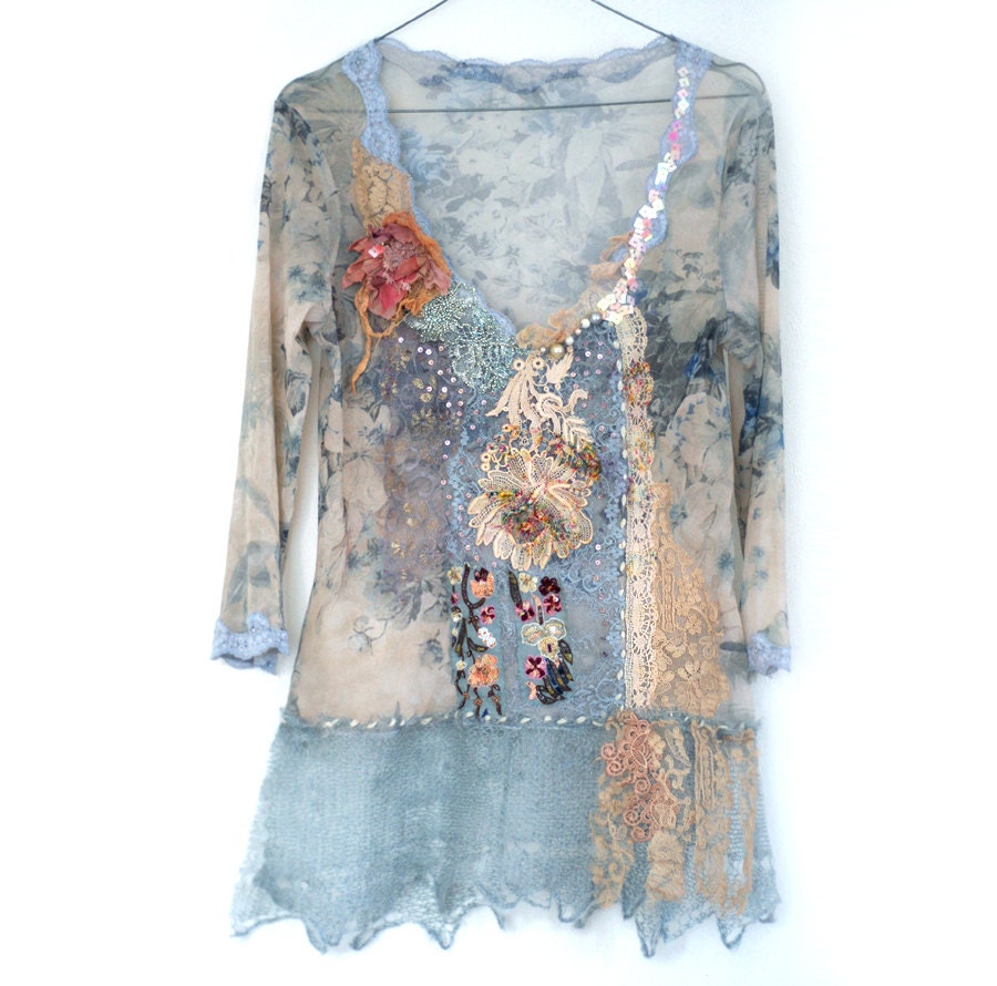 Sheer Romance,- blouse, textile collage with antique lace and mohair, sequins, beading, wearable art