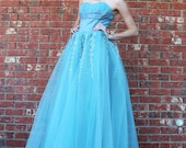 Vtg 1950s Aqua Prom Sequin Formal Princess Bustier Tulle Full Dress XS/S