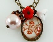 Antique Gold Pendant Necklace with Pink Pearl, Red and White Flowers, Small Pendant