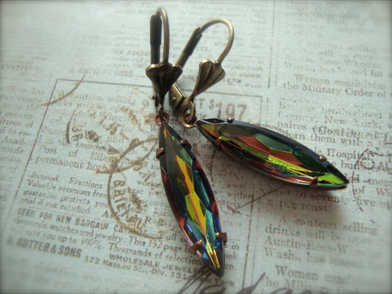 CALAIS - Vintage Estate Style Earrings In Oxidized Brass With Vitrail Crystal Marquis Harlequin Glass Jewels Feminine Elegant
