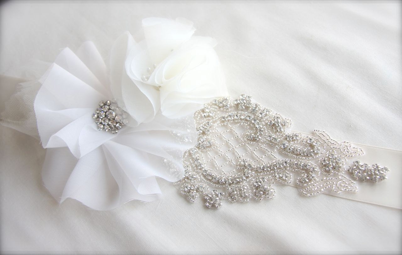 Crystal Bridal Sash with Flowers, 'Gable' Wedding Dress Sash, Ivory, white, champagne or black Flower Sash custom colors
