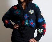 Black & Floral Upcycled Mohair Knit Hoody Bomber Cardigan Jacket                  Made in England UK