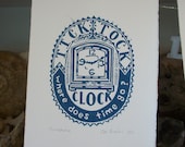 Timepiece linocut print.