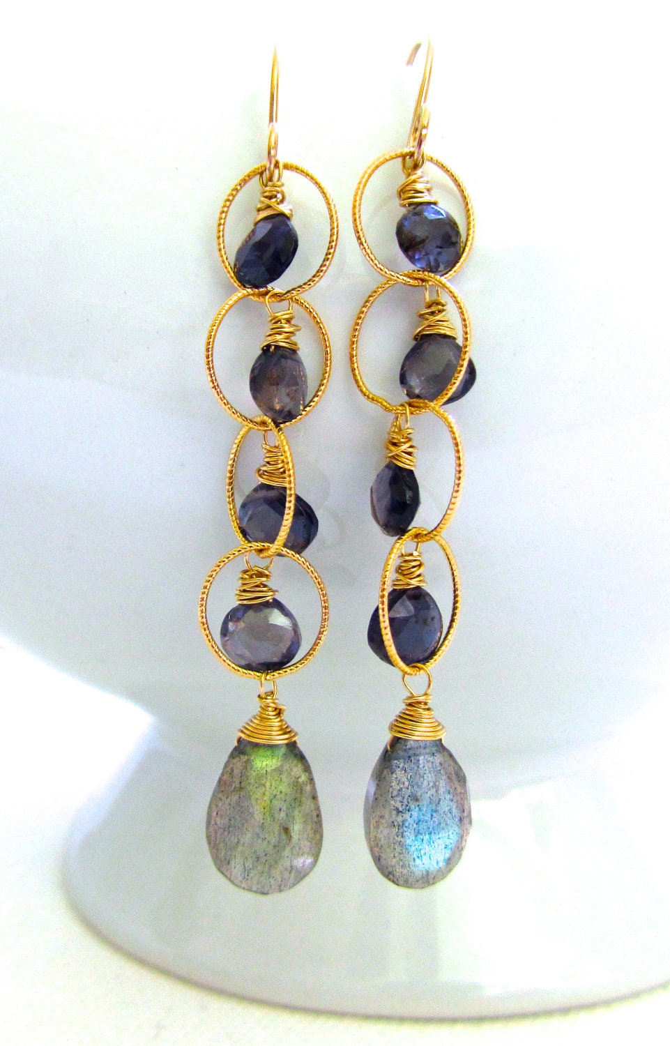 Labradorite Gold Earrings, Iolite Wire Wrapped Teardrops Blue Gemstones Hoops, Handmade Jewelry by Sonja Blume