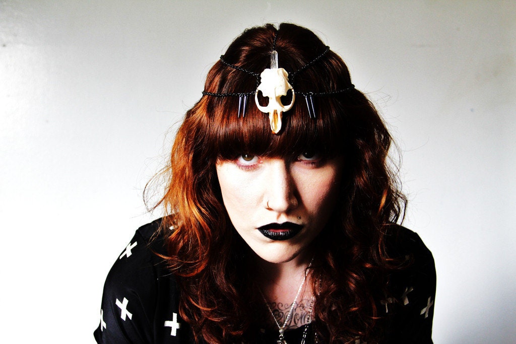 TAXIDERMY COUTURE Crystal & Bone Collection Muskrat Skull Hair Regalia Crystal Gunmetal Chain Crown