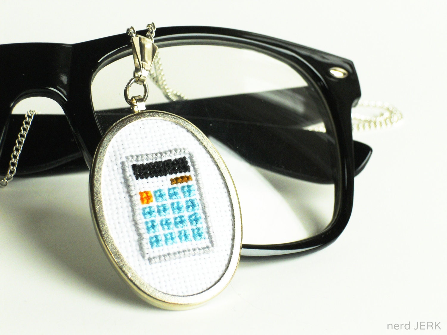 Nerdy Cross-Stitch Necklace - Grey Mathlete Calculator with Orange and Blue Keys - MADE TO ORDER