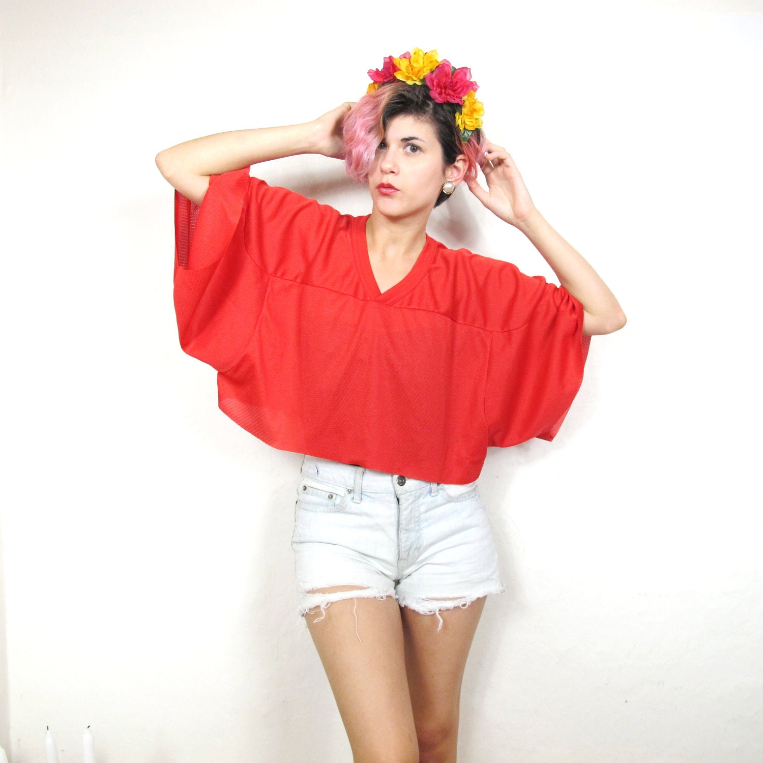 90s Red Cheer Team Sports Jersey Crop Top (M/L)