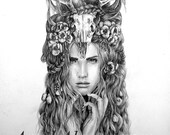 Begonia- Illustration- Deer- Antler- skull- Black and white- 8 X10 signed print- woman- portrait- fine art