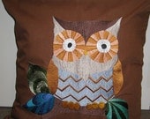 Embroidered Decorative Pillow Cover - Retro Owl - 18" x 18" (READY TO SHIP)