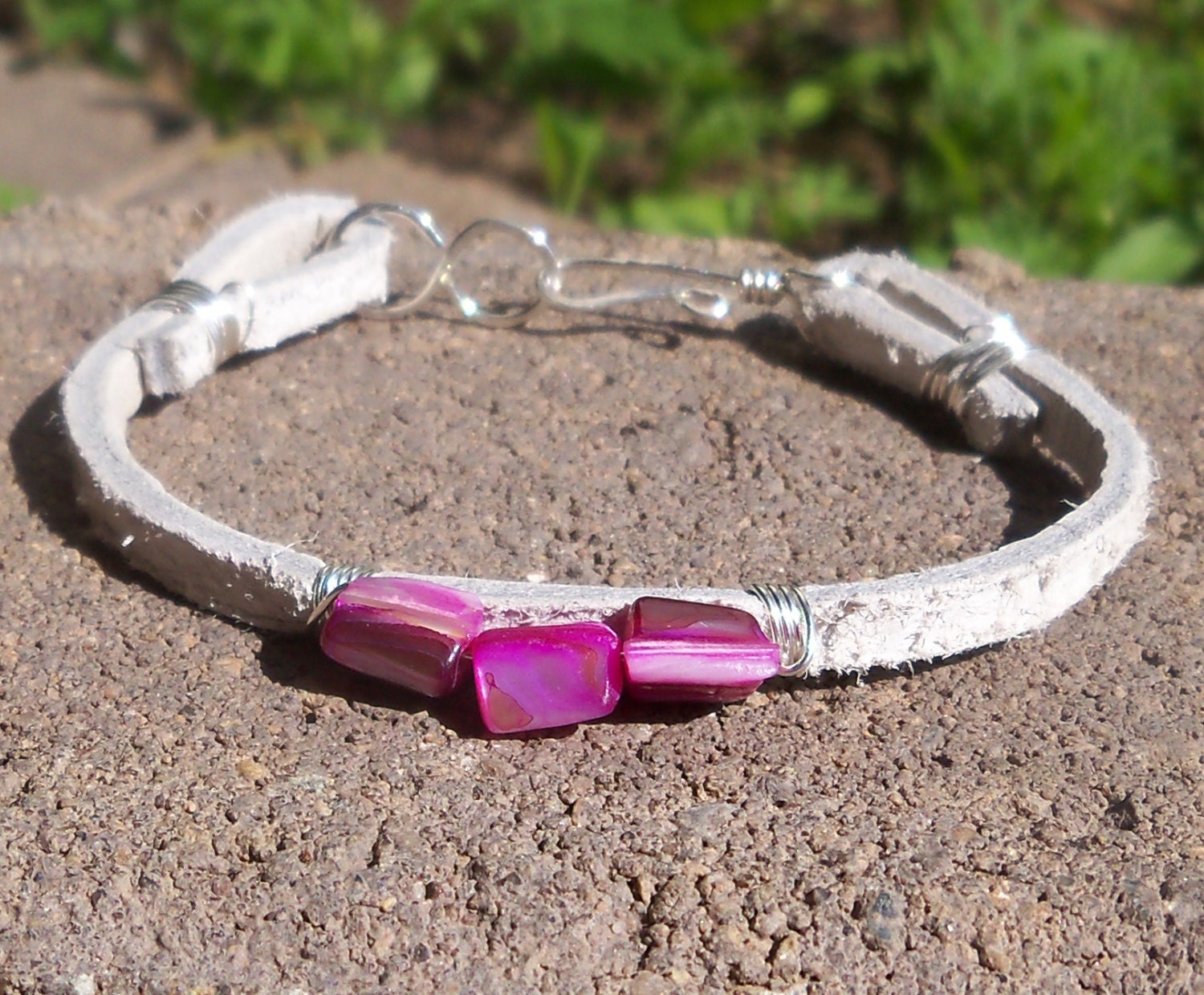 PRE SALE White Leather Pink Mother Of Pearl Wire Wrapped Bracelet
