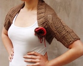 Hand Knitted Wool Bolero Cappuccino Shrug with Flower brooch