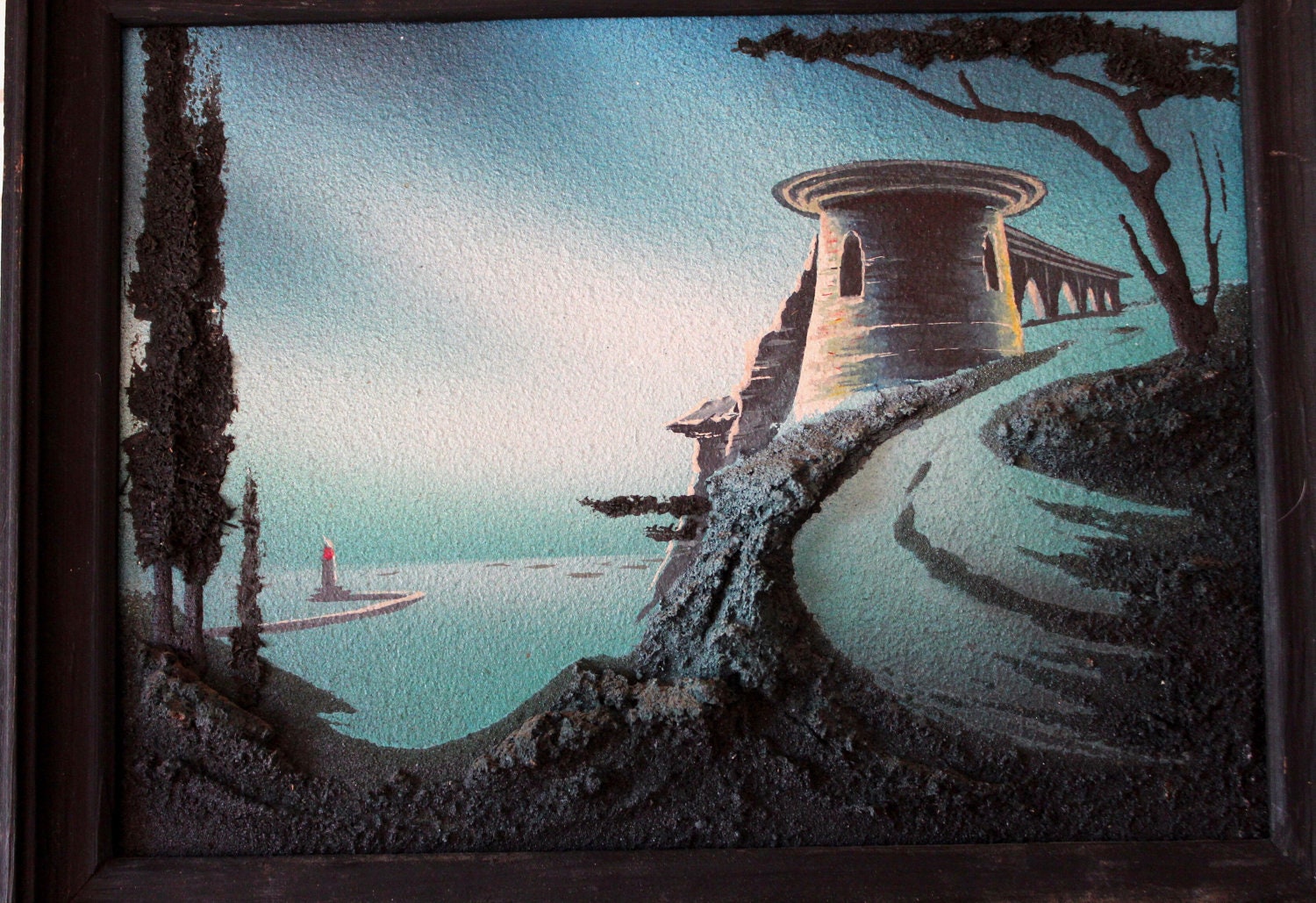 Retro 3D Painting - Twilight in Azure Over the Sea - 8x10  - 1950s 1960s - Black Wood Frame - Peaceful Powerful Mysterious