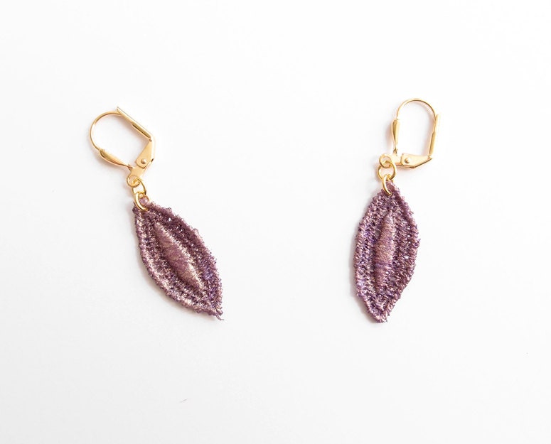 Lace Earrings - Aisling - Iridescent Violet Purple Gold Lace Oval Earrings - Small Simple Lace Jewelry
