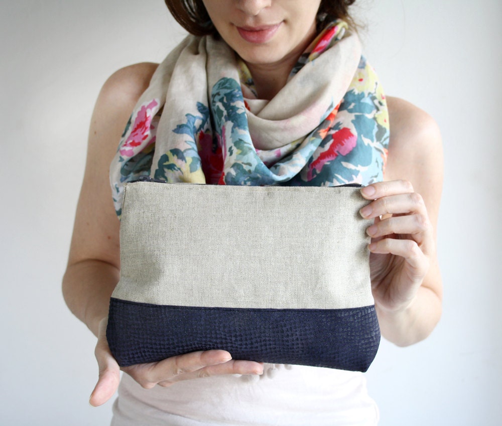 Leather linen Clutch, navy blue leather clutch, Natural linen zipper clutch, color block purse, Fashion accessories