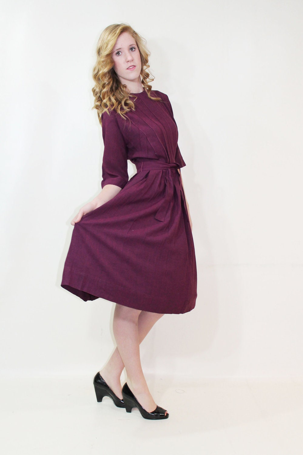 50s Day Dress Plum Wool Full Pleated Skirt Pinstitched Medium M Vintage 1950s Long Sleeve