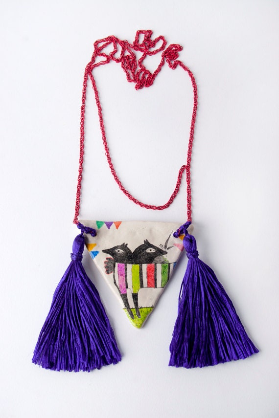 Tribal Necklace - Folk Inspired - Purple Tassels Triangle Dog Pendant - FREE SHIPPING