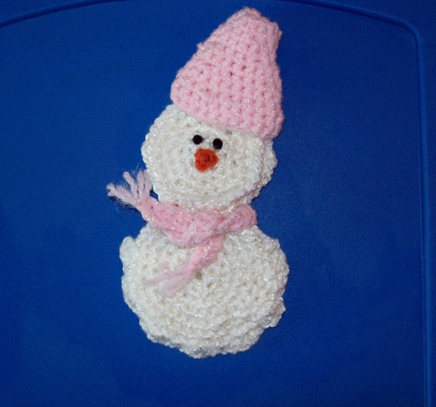 Christmas In July Gift Card Holder Snowman With Pink Hat & Fringed Scarf - amydscrochet