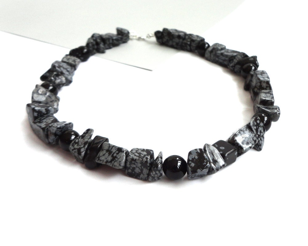 Chunky stone statement necklace large snowflake obsidian black onyx choker rocker ooak