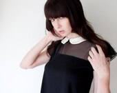 Peter pan collar shirt - night black jersey with sheer mesh and white lace, long tunic dark bohemian style fashion - small