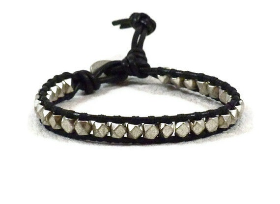 Black Leather Bracelet for Men with Silver Nuggets Triple Wrap