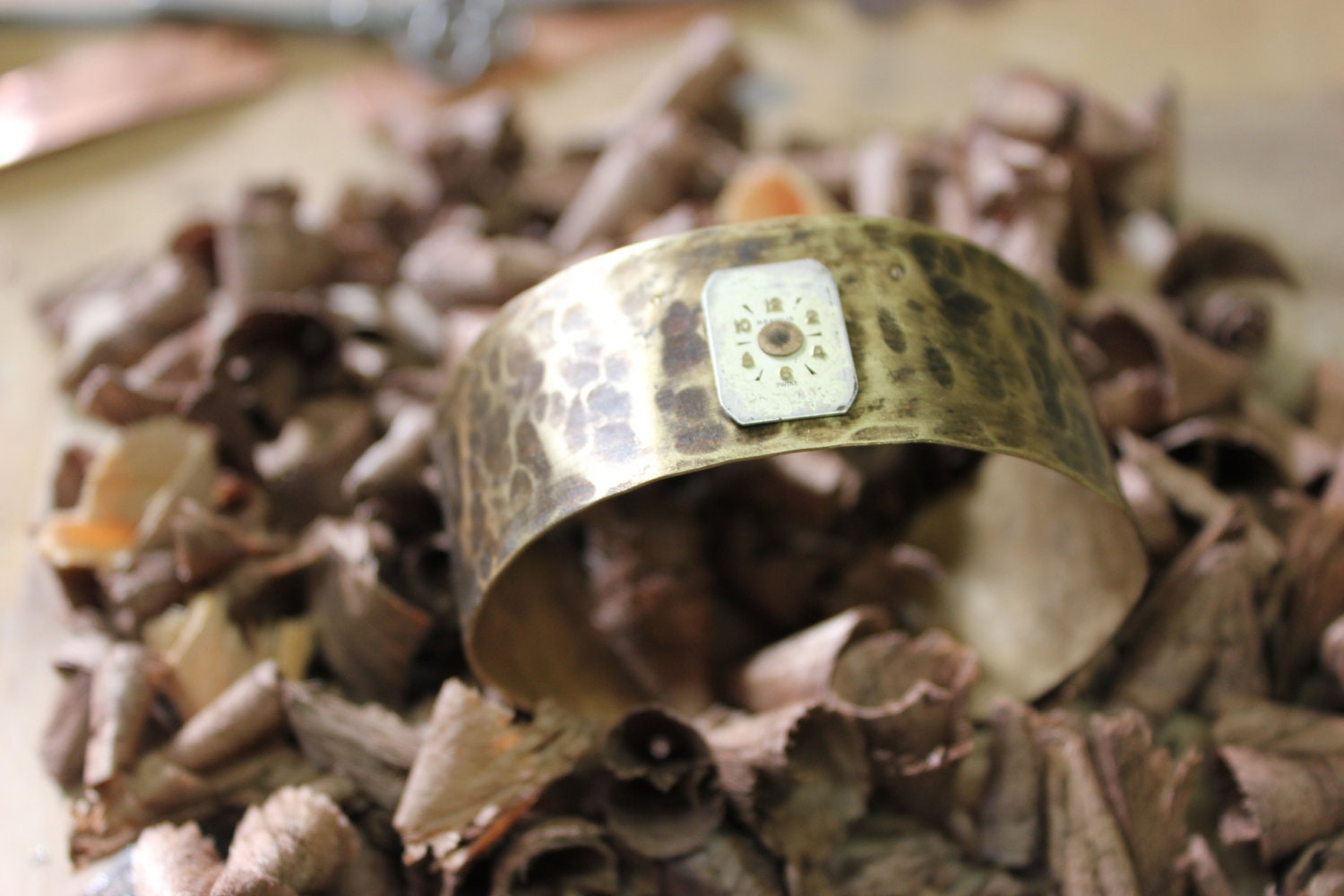 Cuff Bracelet with Hammered Design on Antiqued Brass and Clock/Watch Face