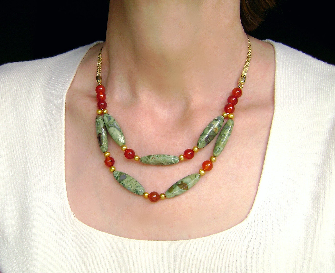 Carnelian Necklace, Gemstone Jewelry, Rhyolite, Silver Silk, Cultured Pearls, Gold FIlled Clasp, Green, Orange, Gold, 375