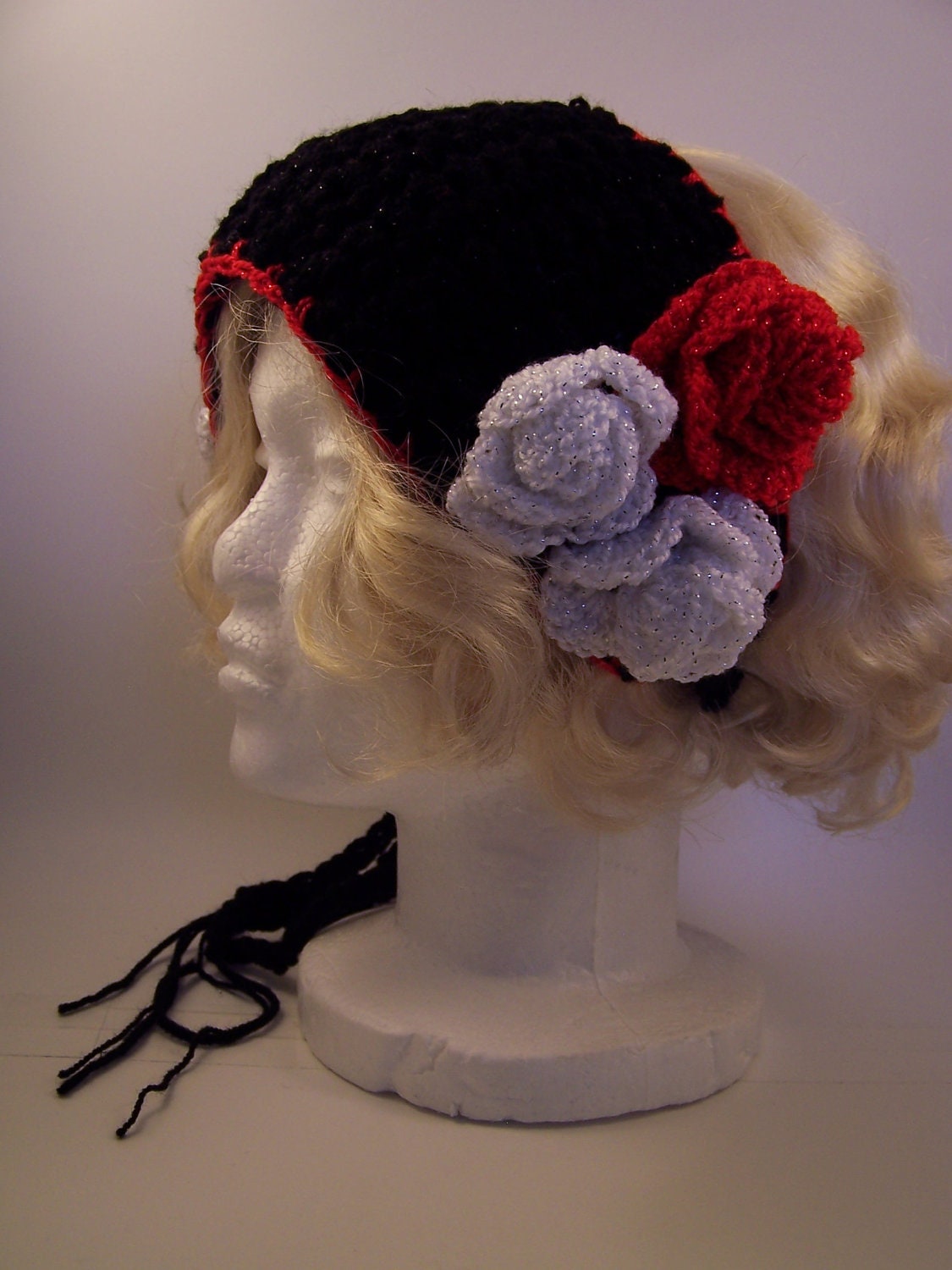 Crochet Ear Warmer, Romantic Rose Headband, Flower Motif, Black Red White Ear Warmer, OOAK, Women Teen Girls