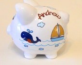 Personalized Piggy Bank Blue Whales with Sailboats, Fish and Ocean