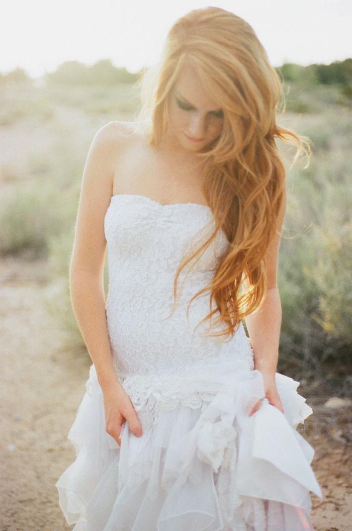 Tea Length Handmade Wedding Gown Handkerchief Tiered  Lace and Satin Strapless Bridal Dress