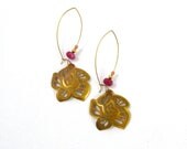 Tropical Petals Earrings, Long Dangle Style, Raspberry Ruby Quartz, Pink Bead, Vintage Brass Flower, Handmade Jewelry