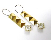 Crystal Pyramid Earrings, Golden Brass and Vintage Glass Pyramid Dangle Earrings, Holiday Collection