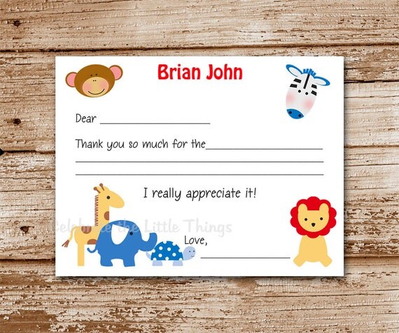 Set of 12 Kids Zoo Fill-In Thank You Cards : jungle, lion, elephant, giraffe, turtle, zebra, monkey Il_570xn