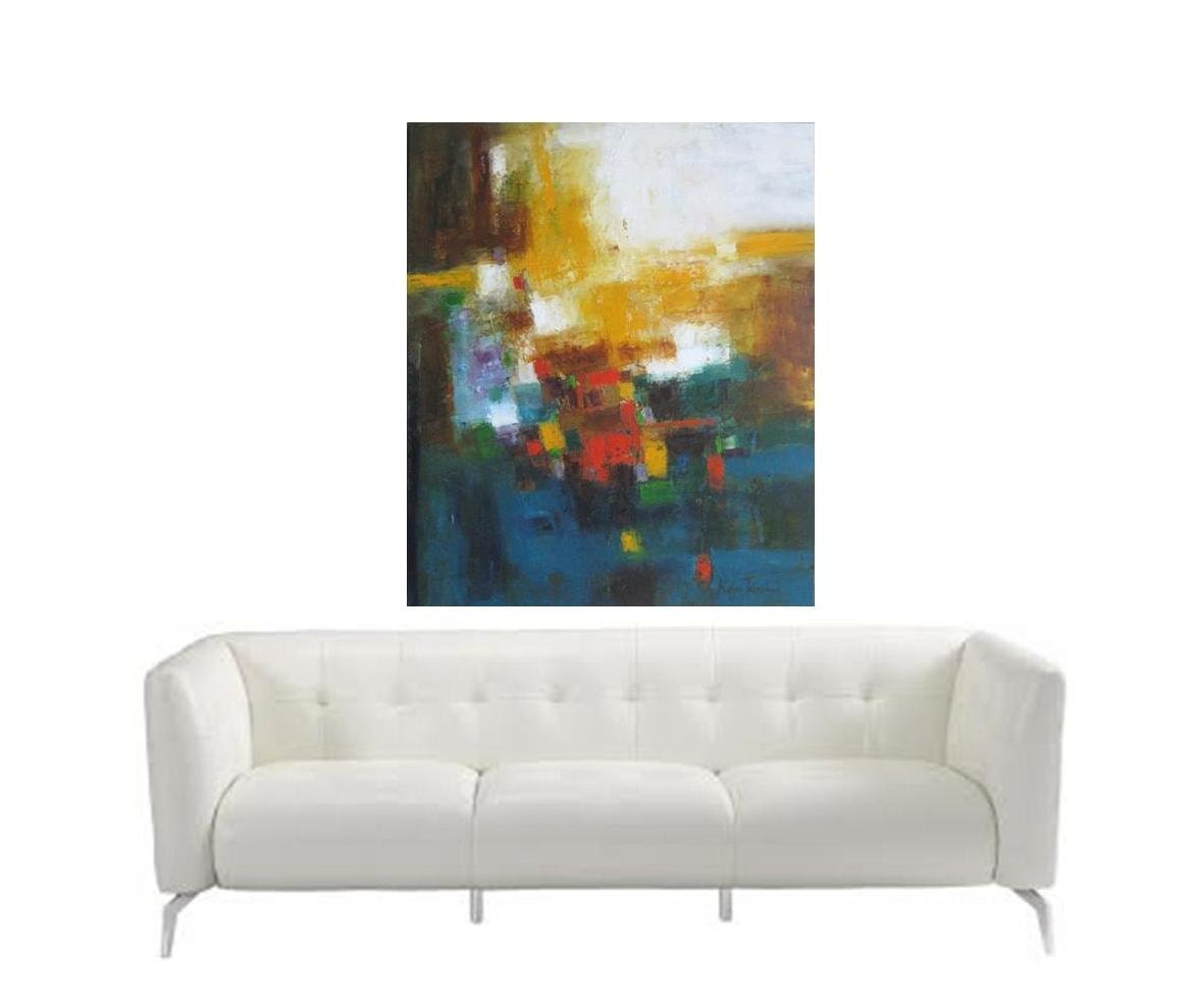 Large Oil Painting, turquoise and mustard yellow, blue and brown Abstract original oil painting 30x36"