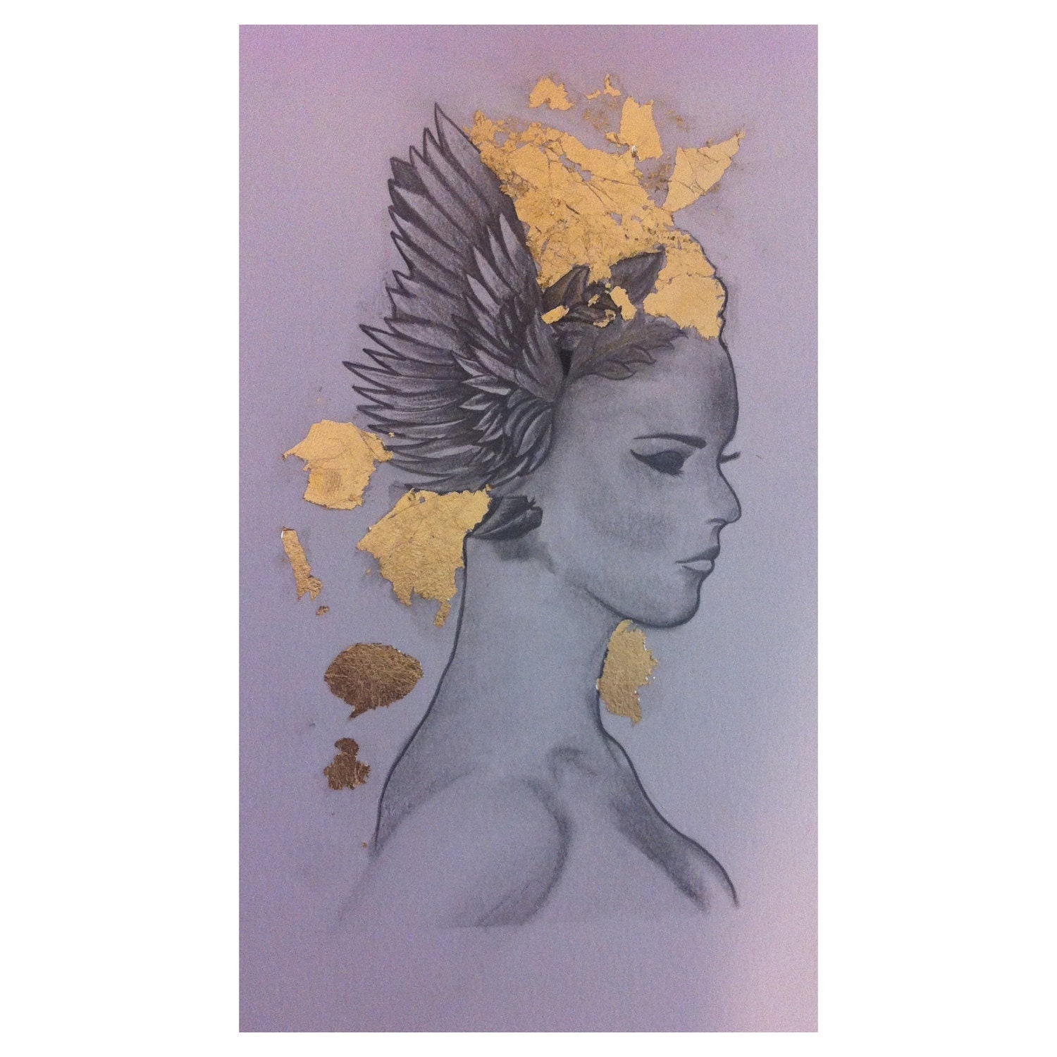 Framed Winged Girl Pencil Portrait Drawing with goldleaf