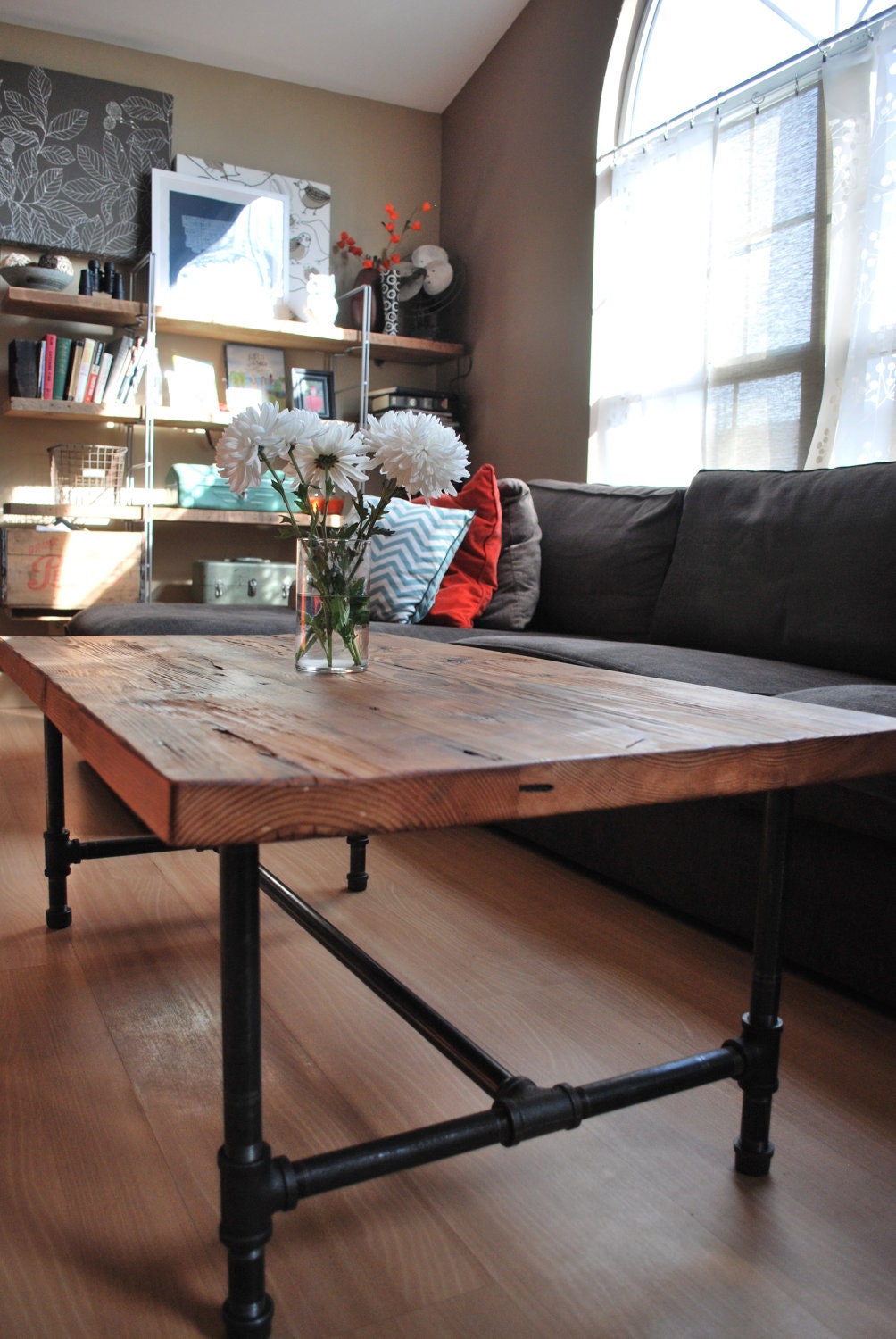 Wood Coffee table with steel pipe legs made of reclaimed wood, Standard 1.65" top, 18" tall x 48" L x 20" w