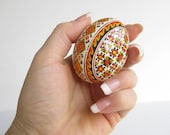 Orange pysanka Egg, chicken egg ornament, batik painted egg, pysanka