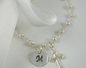 Baptism Gift Cross Initial Bracelet, Cross Charm, Pearl Sterling Silver Bracelet