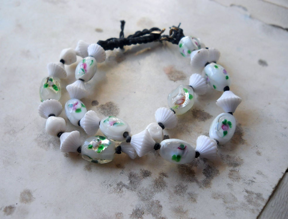 Beaded Bracelet - White Foiled Lampwork - Vintage White Beads - Pink Roses - Brown Leather Macrame - Beaded Rustic Bracelet