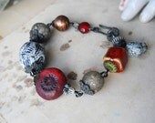 Beaded Bracelet - Chunky Bracelet - Handmade Clay Bead, Faceted Polymer Clay, Metal, Lampwork Glass - Rustic Assemblage Bracelet