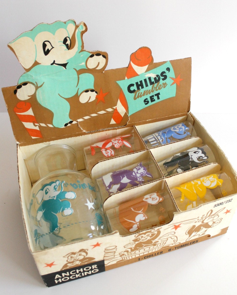 Vintage Anchor Hocking Childs Tumbler Set in Box.  1964 Bimbo