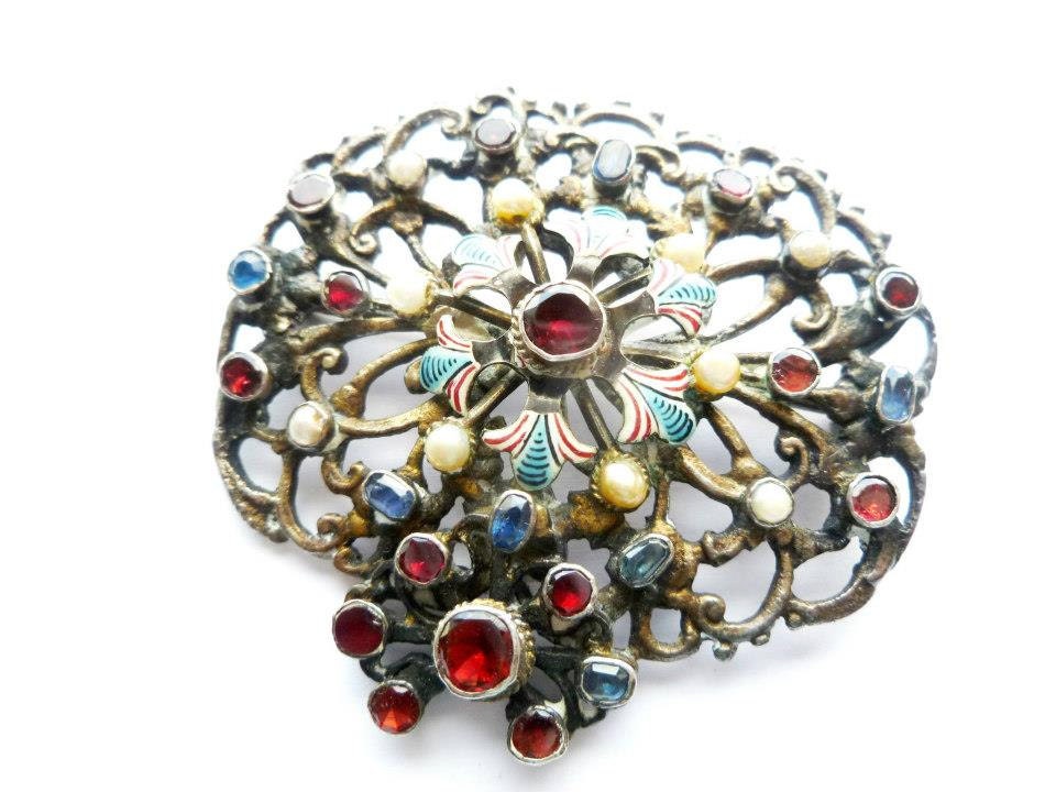 Austro Hungarian Enamel Brooch Garnet Antique Pin Presentation Box
