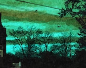 Teal Abstract Sunset Gothic print 8 x 10 in, spooky nature scene silhouetted trees Goth decor metallic print