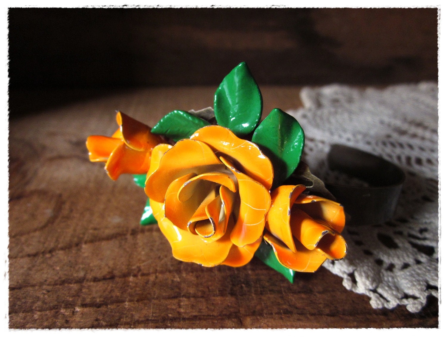 Rose Statement Cuff Bracelet, Orange Floral Collage, Wrist Corsage, Repurposed Vintage, Eco Friendly Jewelry, Gifts for Her Under 50 - beevintageredux Rose Statement Cuff Bracelet, Orange Floral Collage, Wrist Corsage, Repurposed Vintage, Eco Friendly Jewelry, Gifts for Her Under 50 - beevintageredux