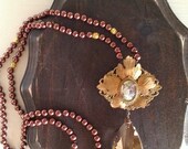 Vintage Antique Brooch Crystal Copper Pearl Necklace