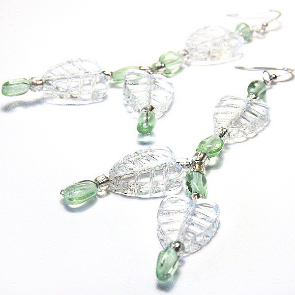 on Vacation / Clear Glass Leaf Earrings. Mint fashion. Sterling Silver. Elegant Sophisticated Nature Inspired  Jewelry