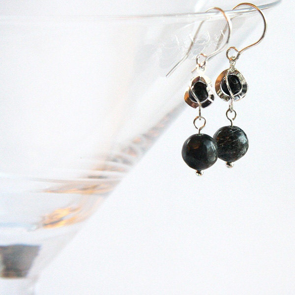 Natural Black Bronzite Stone Earrings - Sterling Silver Spiral with Small Black Bead Inside Cage - Winter Fashion - Modern Minimalist Desig