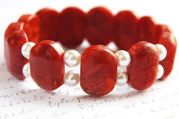 NEW Spring Jewelry Bracelet. Gift for HER, Red Sponge Coral Bracelet, White Swarovski Pearl, Stacking Bracelet. Feminine Elegant