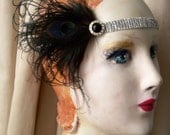flapper headband in black and silver with bird friendly feathers and vintage rhinestone button - made to order
