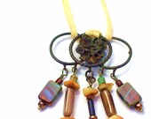 Vintage Brooch, Long Necklace, Bohemian Jewelry, Amber, Periwinkle,  Antique Brass
