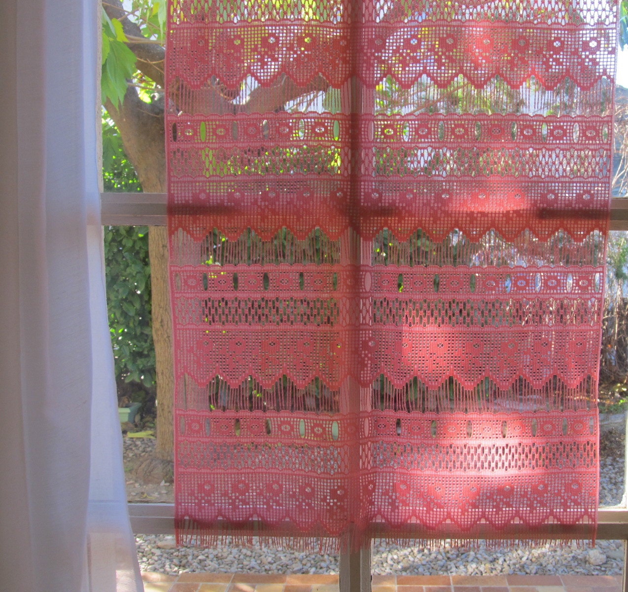 Candy Pink French Lace Window Curtain, Chevron